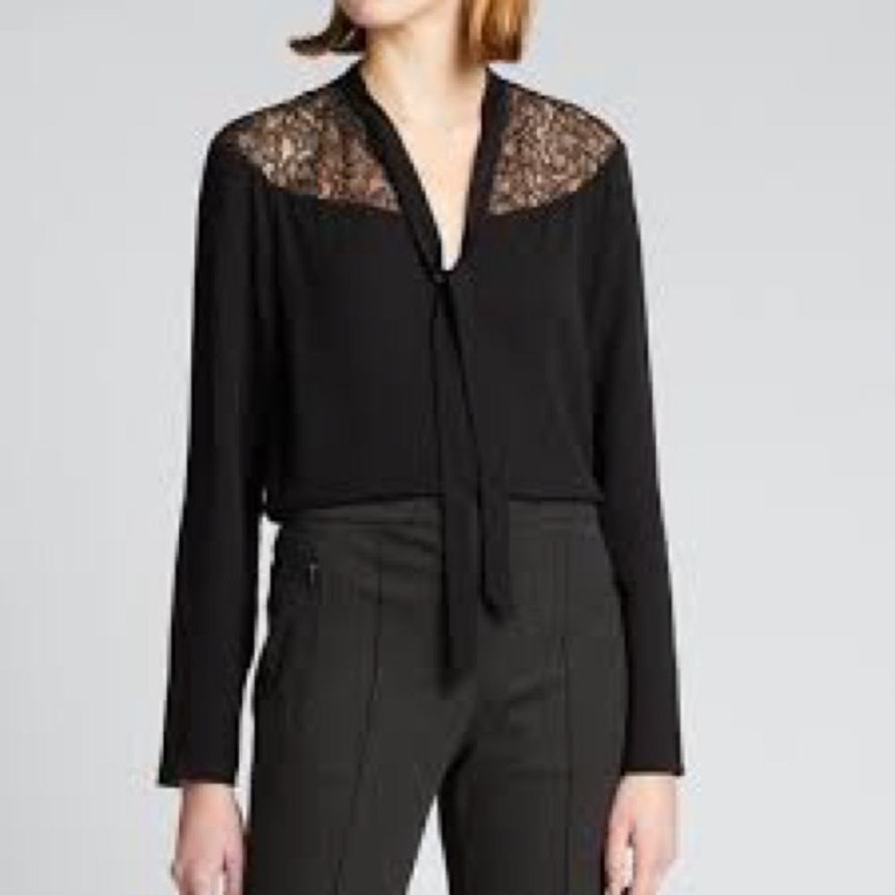 Women’s Theory Lace Yoke 100% Silk Shell Blouse Black Top Size Medium!